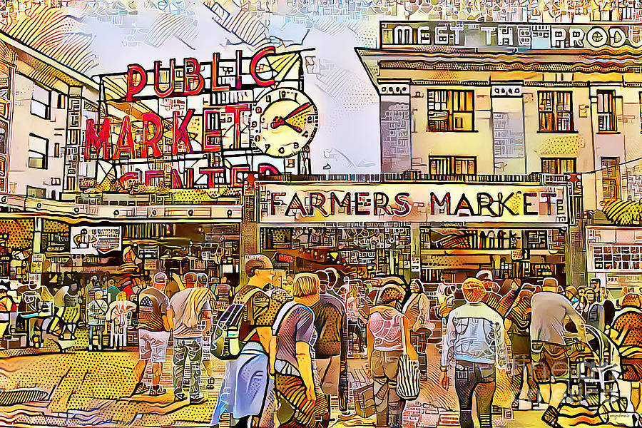 Seattle Washington Pike Place Market in Rough Lines and Vibrant Contemporary Golden Colors 20200820 Photograph by Wingsdomain Art and Photography