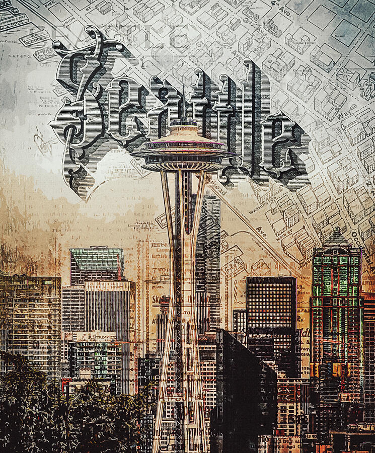 Seattle Washington Skyline And Map Mixed Media by Dan Sproul Seattle Washington Skyline And Map Mixed Media by Dan Sproul
