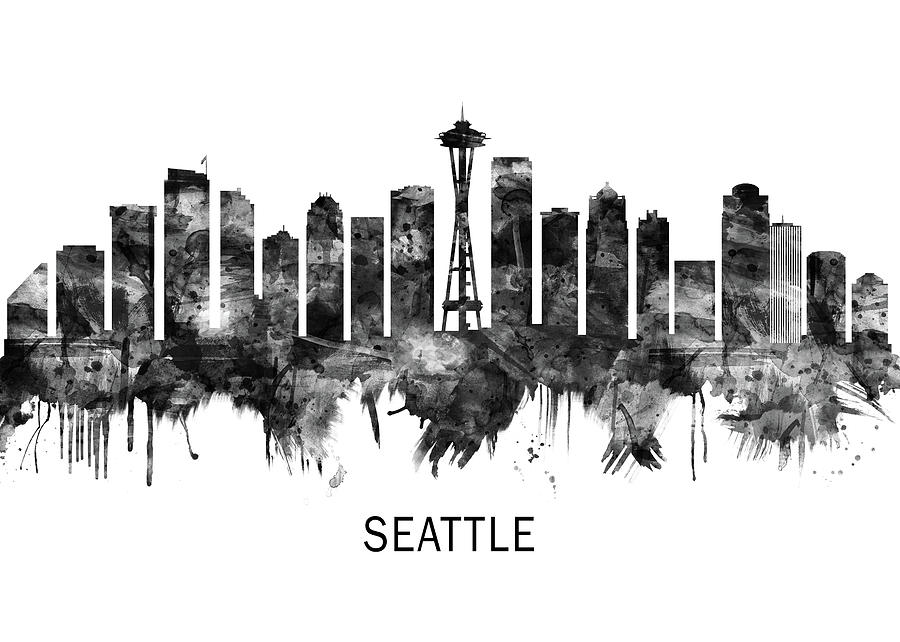 Seattle Washington Skyline BW Mixed Media by NextWay Art - Pixels