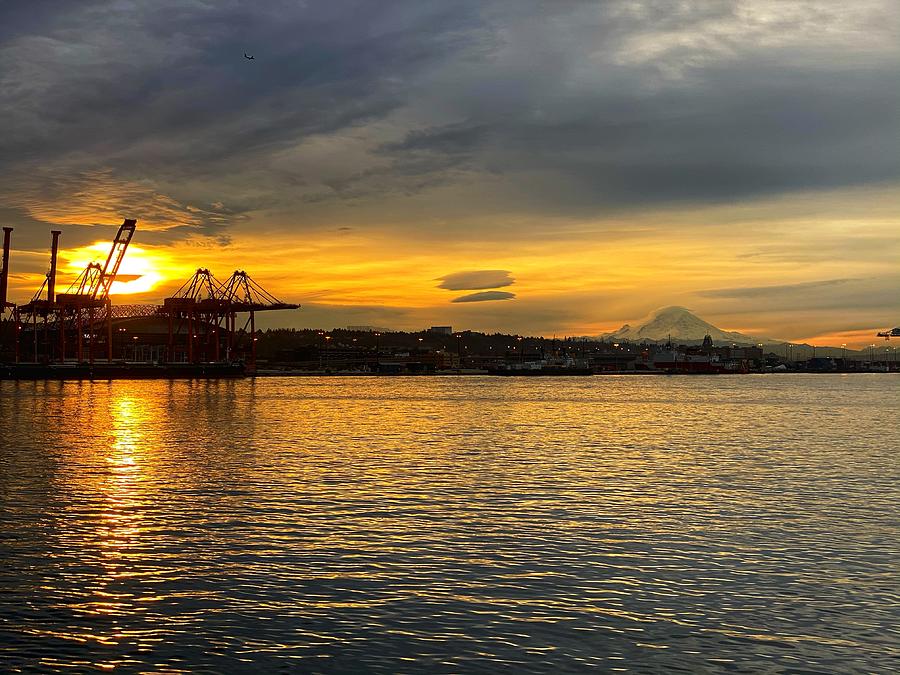 Seattle Waterfront and Mt Rainier Sunrise  Photograph by Jerry Abbott