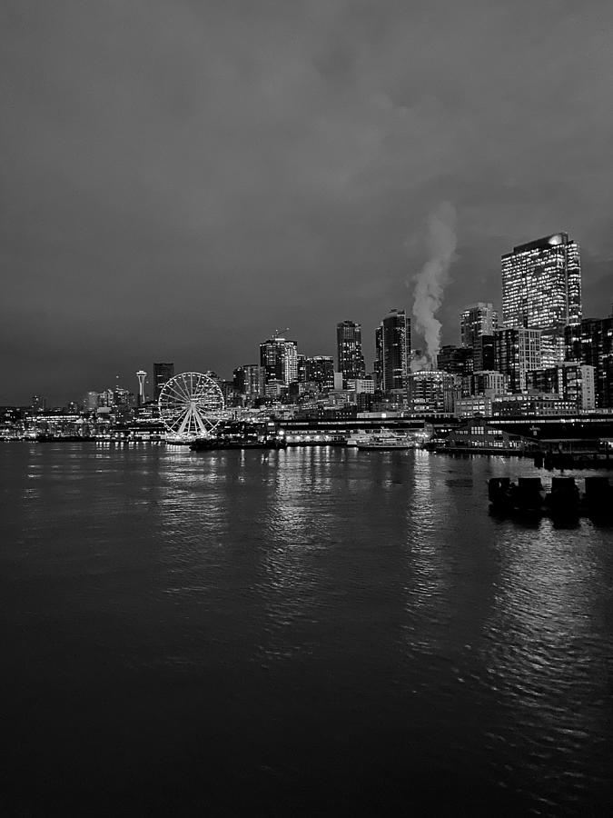 Seattle Waterfront at Night BW Photograph by Jerry Abbott