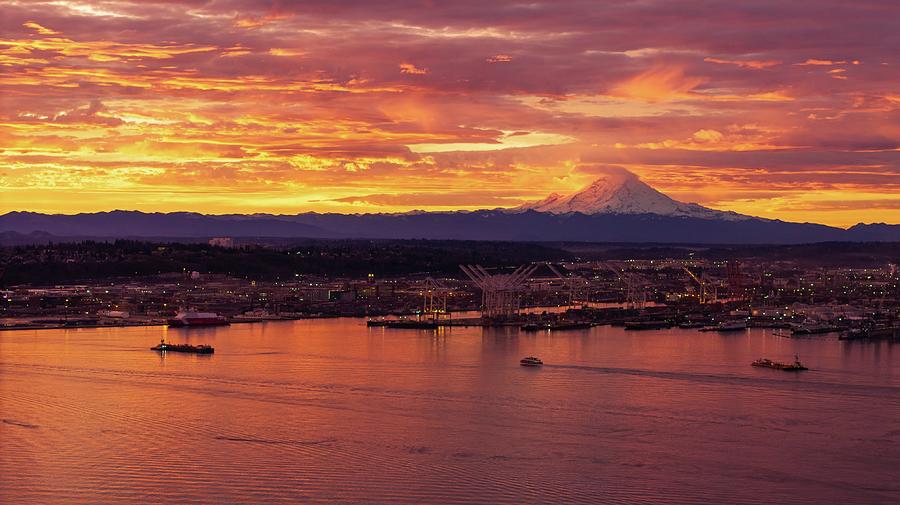 Seattle Waterfront at Sunrise Photograph by Mike Reid