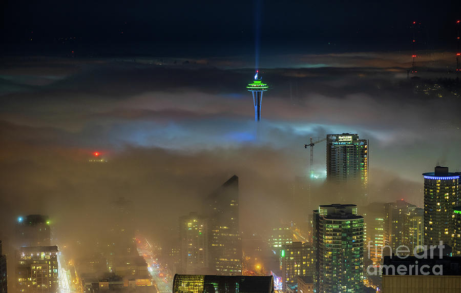 Seattles Space Needle Above the Night Fog Photograph by Mike Reid