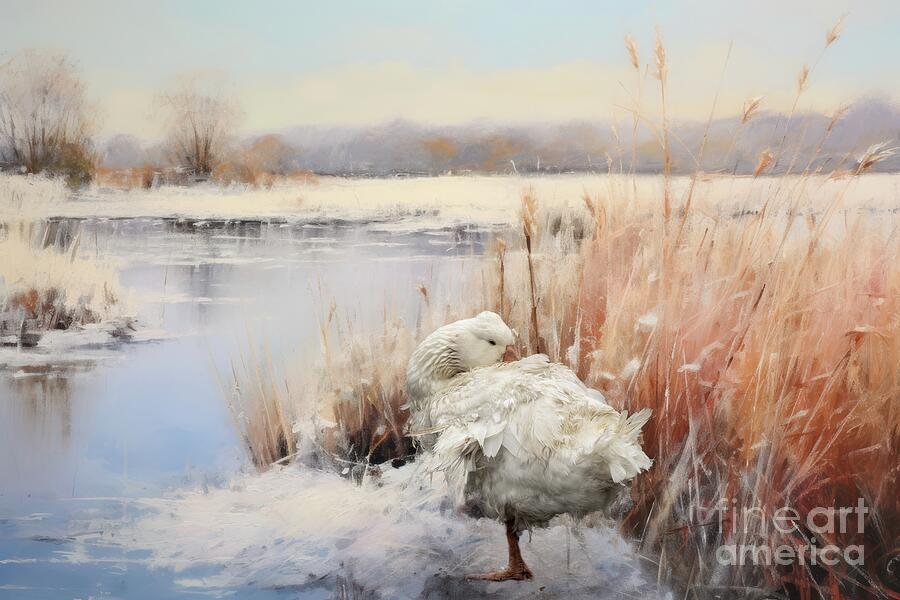 Sebastopol Goose in Winter Mixed Media by Eva Lechner