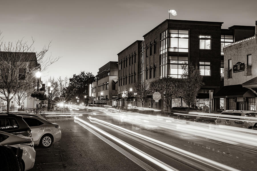 Second Street Skyline Light Trails In Downtown Bentonville - Classic Sepia Photograph by Gregory Ballos