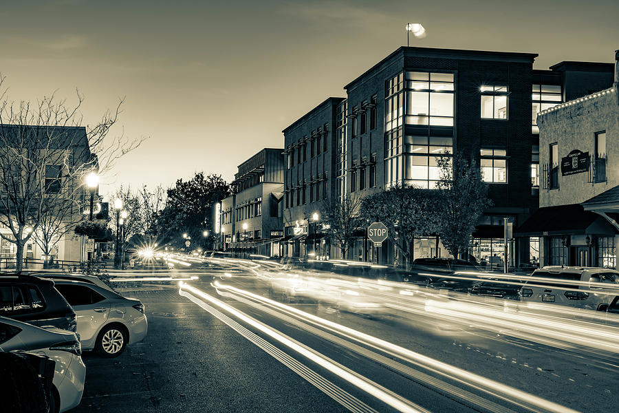 Second Street Skyline Light Trails In Downtown Bentonville - Sepia Photograph by Gregory Ballos