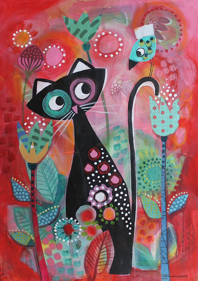 Flower Mixed Media - Black cat and blue bird by Johanna Virtanen