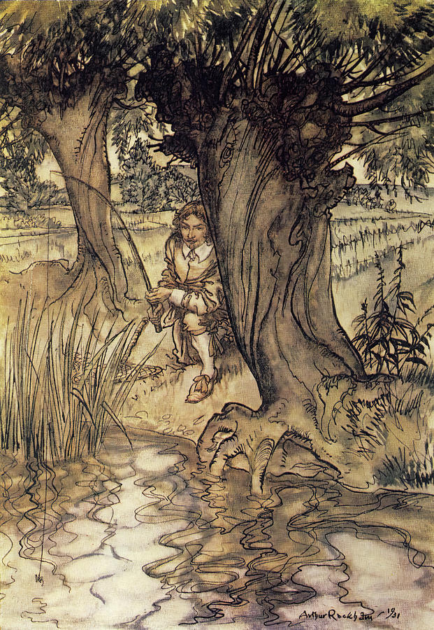 British Drawing - Secretly behind tree from Compleat Angler 1931 by Arthur Rackham