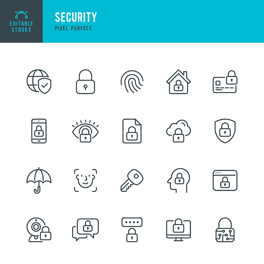 Security - thin line vector icon set. Pixel perfect. Editable stroke. The set contains icons Security, Fingerprint, Face Identification, Key, Message Protect. Drawing by Fonikum