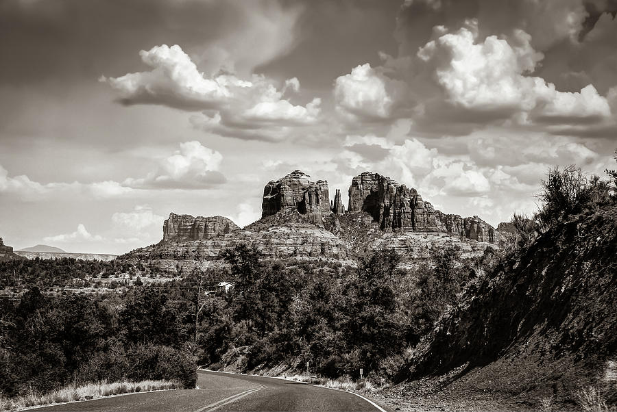 Sedona Arizona Cathedral Point Desert Mountain Landscape - Sepia Photograph