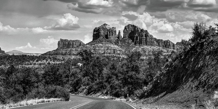 Sedona Arizona Road to Cathedral Rock - Black and White Panorama Photograph by Gregory Ballos