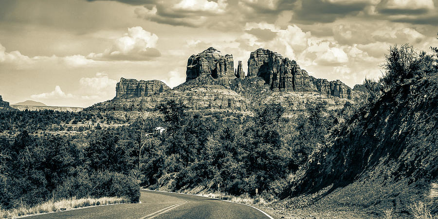 Sedona Arizona Road to Cathedral Rock - Sepia Monochrome Panorama Photograph by Gregory Ballos