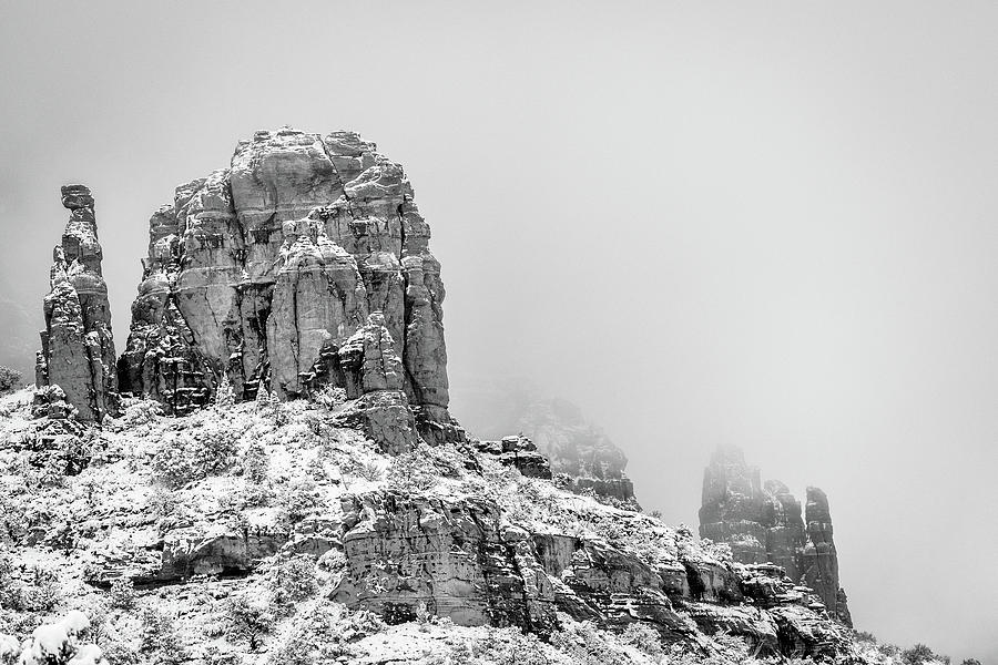 Black And White Photograph - Sedona Thunder Mountain Coated in Snow by Good Focused