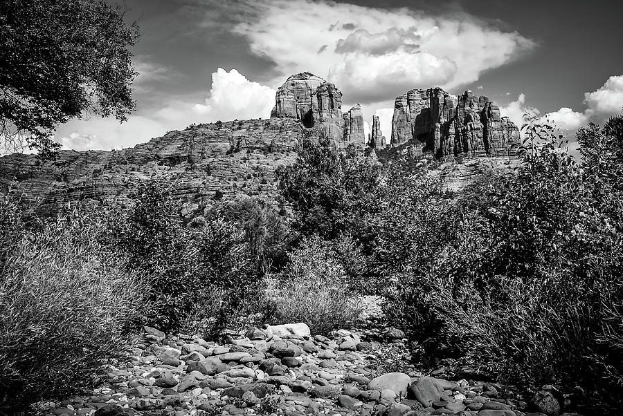 Sedonas Cathedral Rock In Black and White - Red Rock Crossing Landscape Photograph by Gregory Ballos