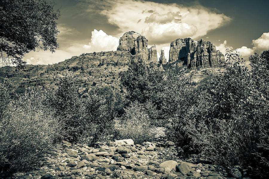 Sedonas Cathedral Rock In Sepia - Red Rock Crossing Landscape Photograph by Gregory Ballos