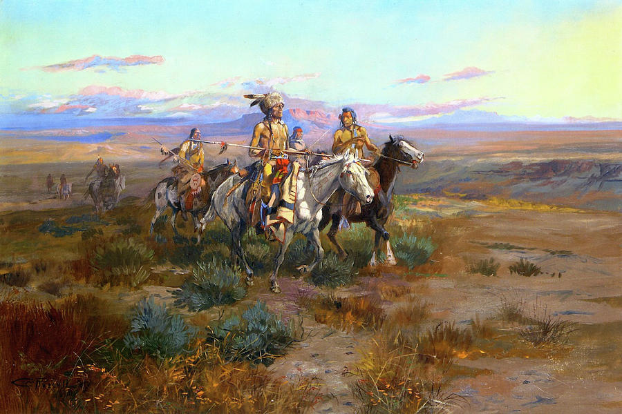 Horse Painting - Seeking the Trail detail by Charles M Russell