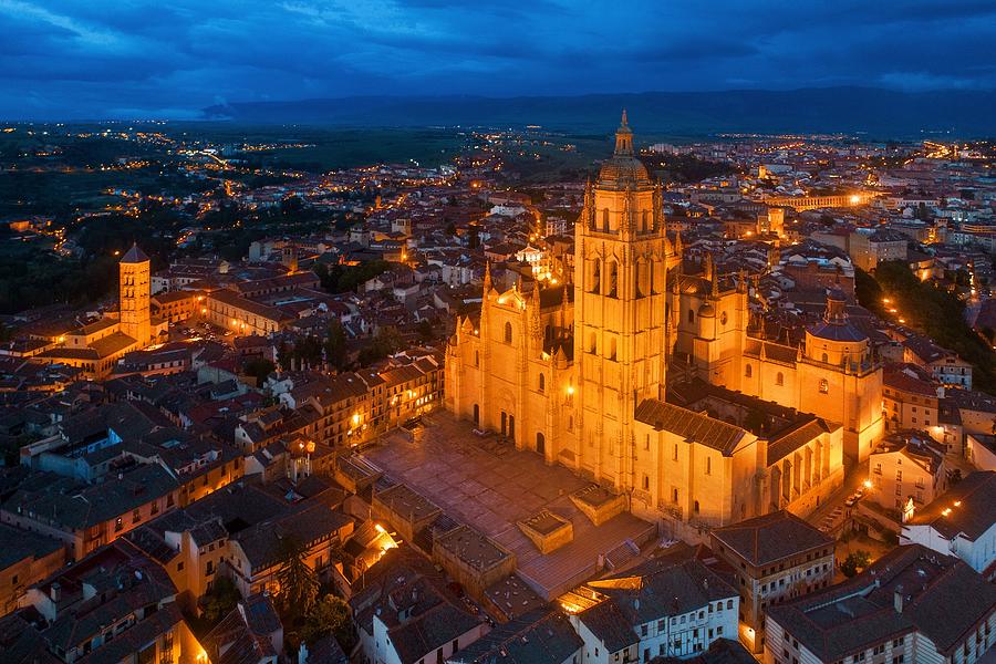 Segovia Cathedral aerial view at night Photograph by Songquan Deng
