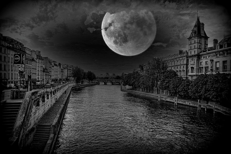Seine River Flows Thru Paris Large Moon Landscape  Photograph by Chuck Kuhn