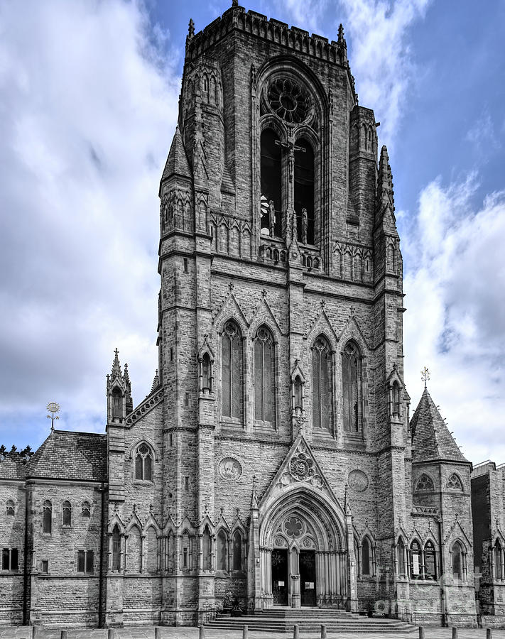 Selective colour of The Church of the Holy Name of Jesus on Oxford Road, Manchester, England. Photograph by Pics By Tony