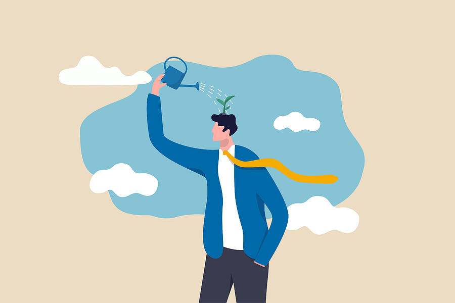 Self improvement, growth mindset, positive attitude to learn new knowledge improve creativity for business problem concept, smart businessman using watering can to water growing seedling on his head. Drawing by Nuthawut Somsuk