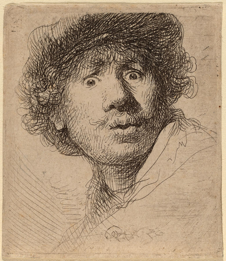 Self-Portrait in a Cap, Open-Mouthed Drawing by Rembrandt