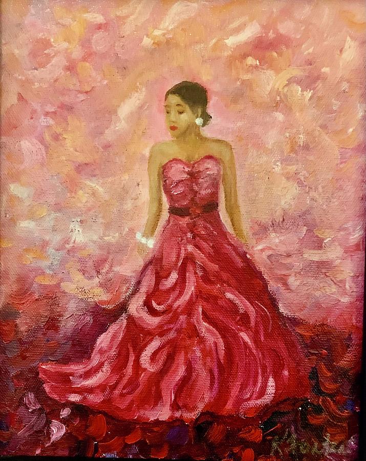 Woman In Red Dress Painting - Self Portrait by Karen Fontenot