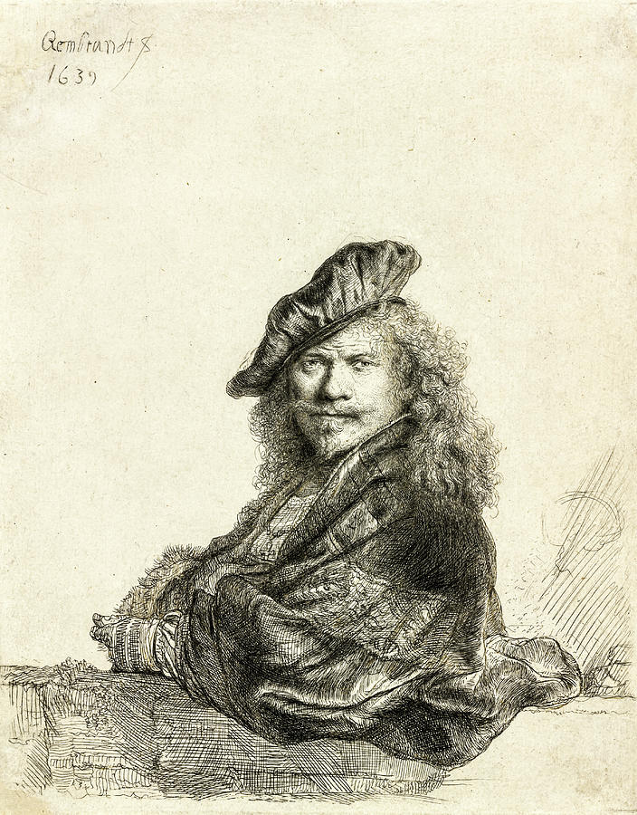 Self-Portrait Leaning on a Stone Sill by Rembrandt van Rijn Drawing by Rembrandt van Rijn