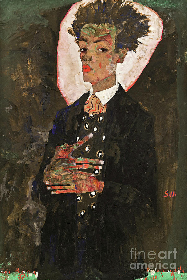 Self-Portrait with Peacock Vest Standing Painting by Egon Schiele