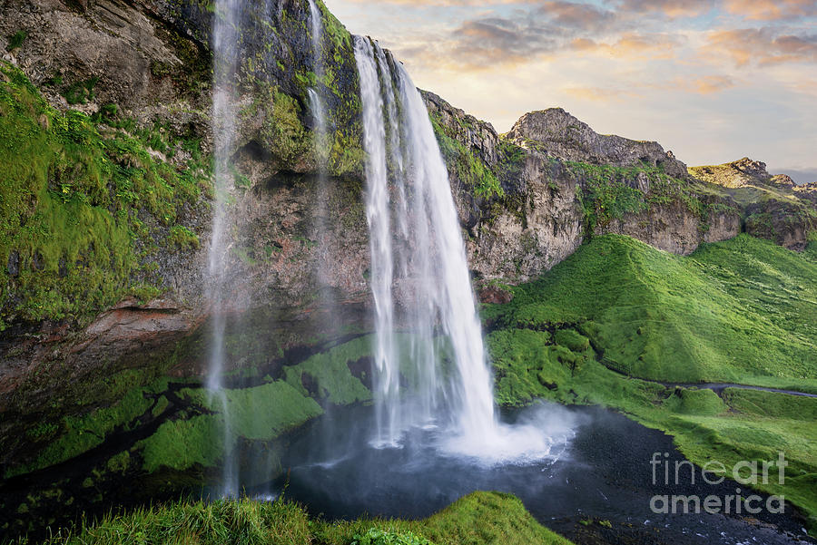 Seljalandsfoss waterfall at sunrise, Iceland Photograph by Delphimages Photo Creations