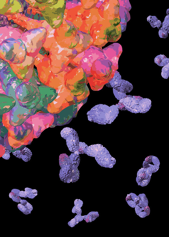 Antibodies Digital Art - Semi-Abstract Rainbow Coronavirus with Blue Antibodies Portrait Detail by Russell Kightley