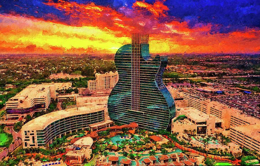 Seminole Hard Rock Hotel and Casino Hollywood - Guitar Hotel - at sunset - digital painting Digital Art by Nicko Prints