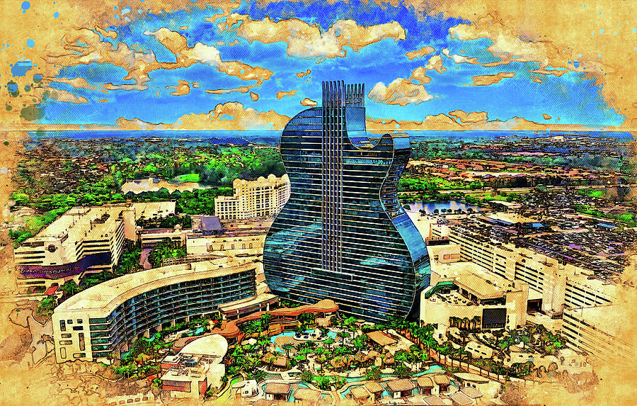 Seminole Hard Rock Hotel and Casino Hollywood - Guitar Hotel - digital painting with vintage look Digital Art by Nicko Prints