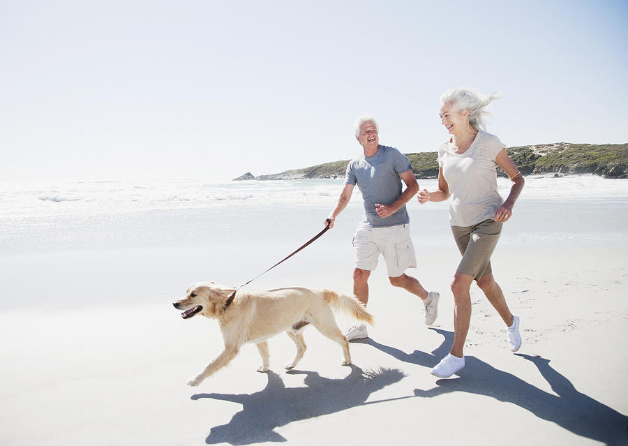 Senior couple running on beach with dog Photograph by Robert Daly