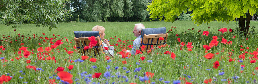 Senior couple sitting on garden chair in blooming meadow Photograph by RelaxFoto.de