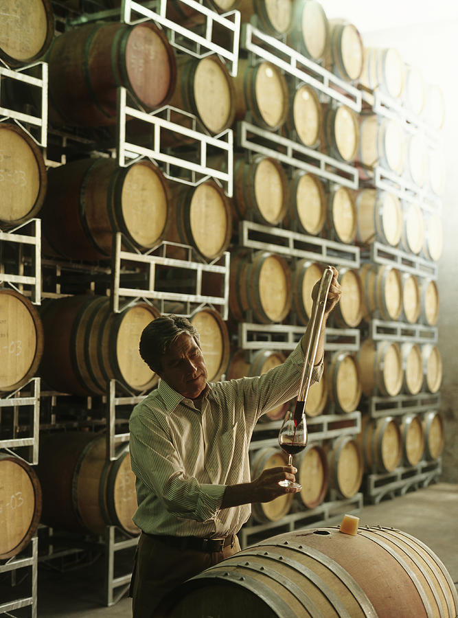 Senior vintner testing wine from barrel in cellar Photograph by Stockbyte