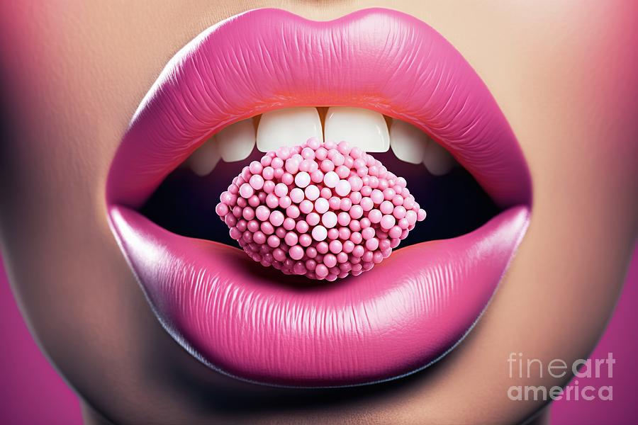 Sensual pink female lips bite a candy. Ai generated. Photograph by Joaquin Corbalan