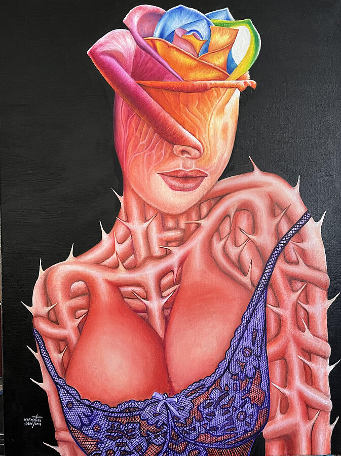 SENSUALITY6 Lady Rose with a Lace Purple Bra and the Thorns Painting by O Yemi Tubi