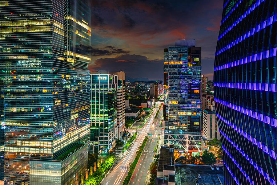 Seoul at Night Gangnam District Urban City Road South Korea Photograph by Mlenny