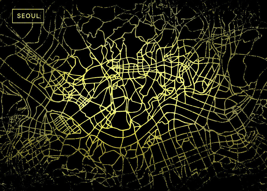 Seoul Map in Gold and Black Digital Art by Sambel Pedes