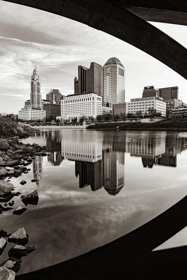 Sepia Cityscape Serenity - Morning Reflections Of Downtown Columbus Photograph by Gregory Ballos