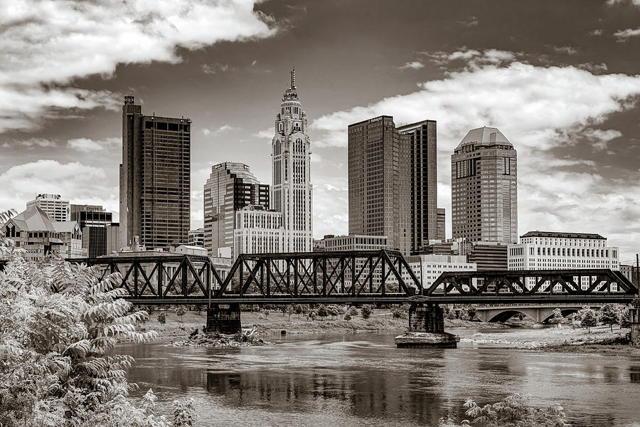 Sepia Columbus Ohio Bridge And Skyline From North Bank Park Photograph