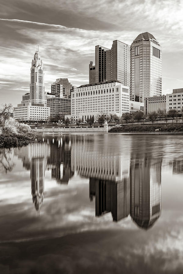 Columbus Skyline Photograph - Sepia Skyline Reflections Of Columbus Ohio by Gregory Ballos