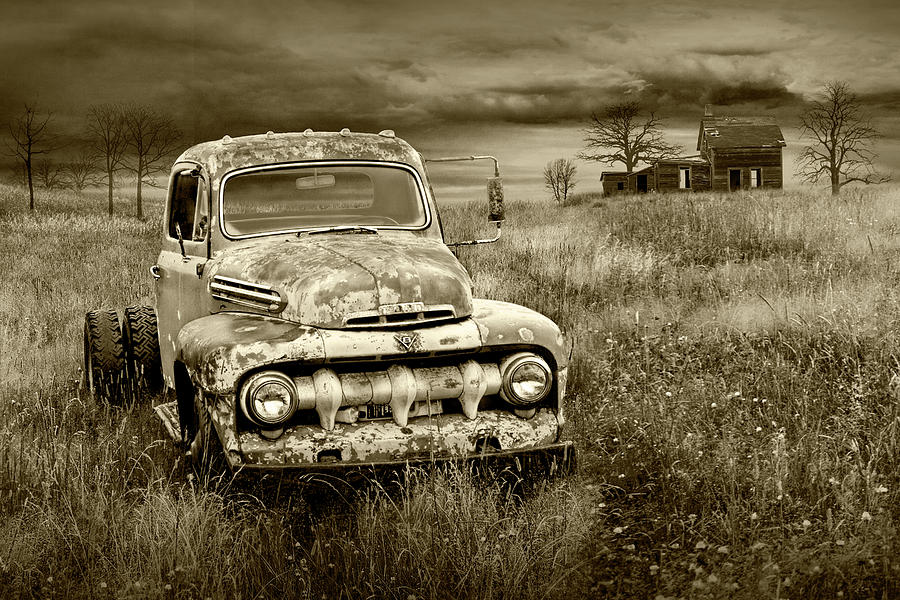 Sepia Tone of a Rusted Vintage Ford Truck in a Grassy Field by a Photograph by Randall Nyhof
