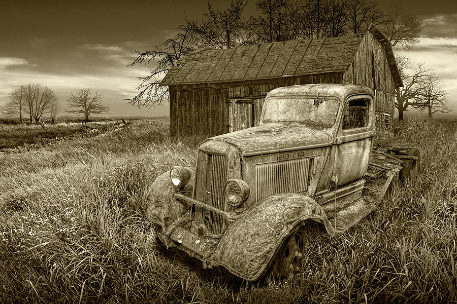Sepia Tone Of  Rusted Vintage Truck With Weathered Barn Photograph