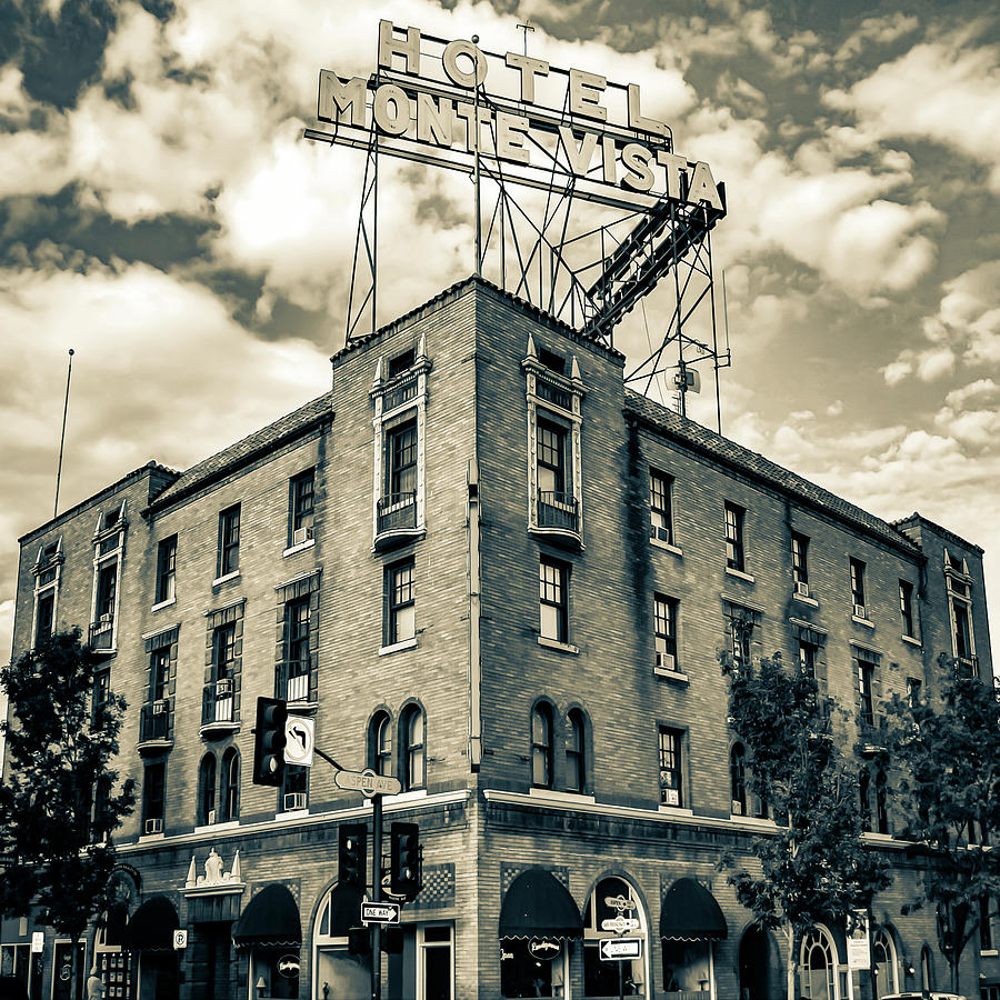 Black And White Photograph - Sepia Toned Historic Hotel Monte Vista Along Route 66 - Flagstaff Arizona by Gregory Ballos
