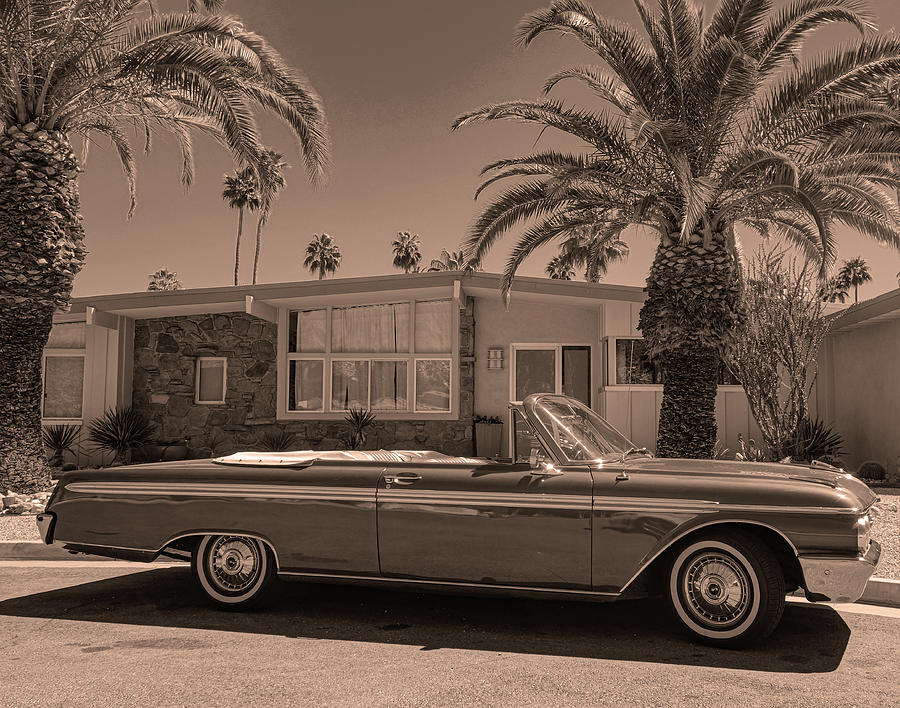 Sepia-Toned Mid-Century Modern Home with Vintage Convertible in Driveway Photograph by Matthew Bamberg
