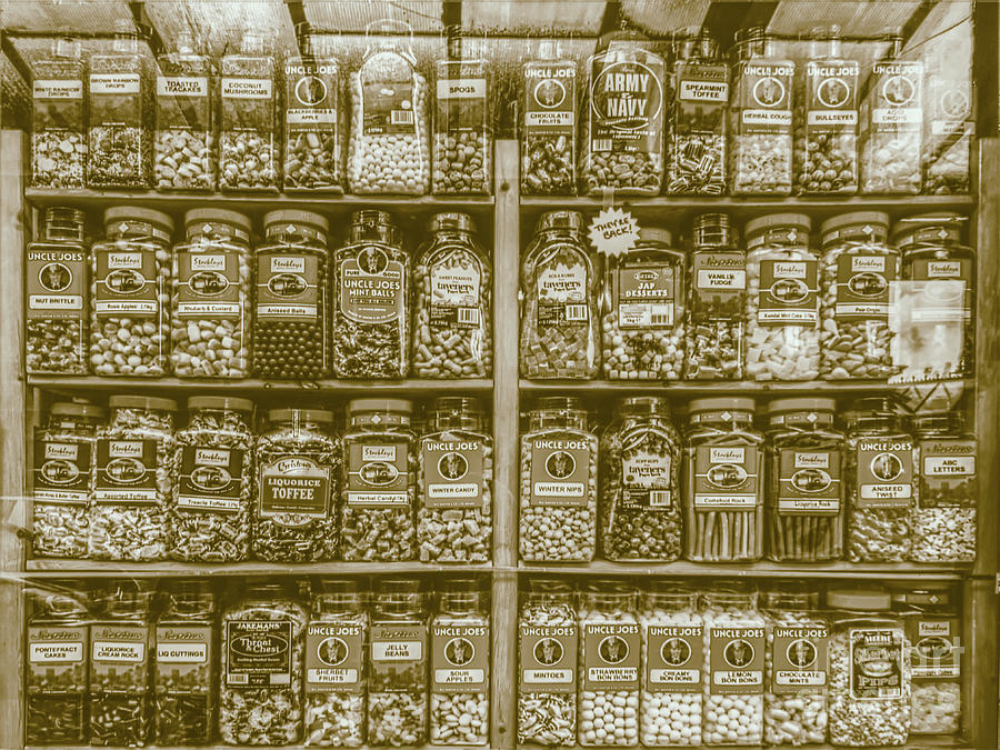 Sepia version of a sweetshop Southport England-Aug210  Photograph by Pics By Tony