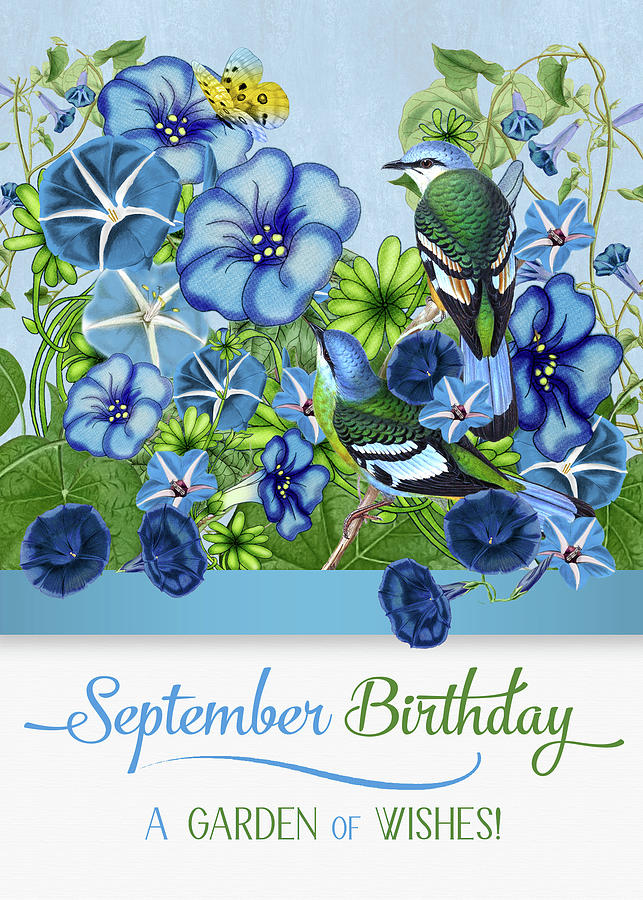 September Birthday Morning Glory with Green Cochoa birds Digital Art by Doreen Erhardt