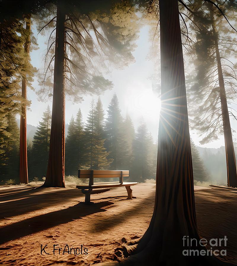 Sequoia and Bench Digital Art by Karen Francis