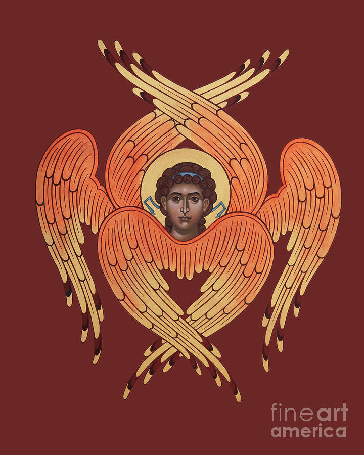 Vector design of seraph with six wings, angelic face of catholic